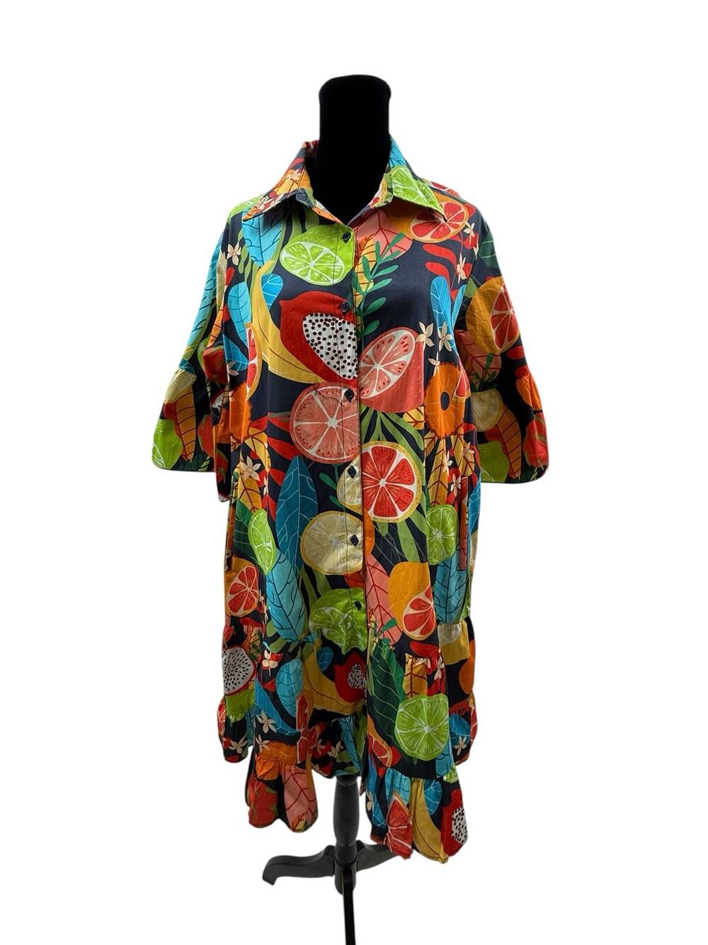 Maude Vivante 100% Cotton Tropical Fruit Print Tiered Shirt Dress